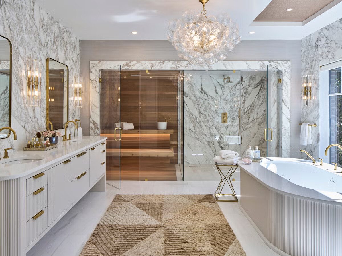 Designer washroom renovation with custom vanity and tile detail