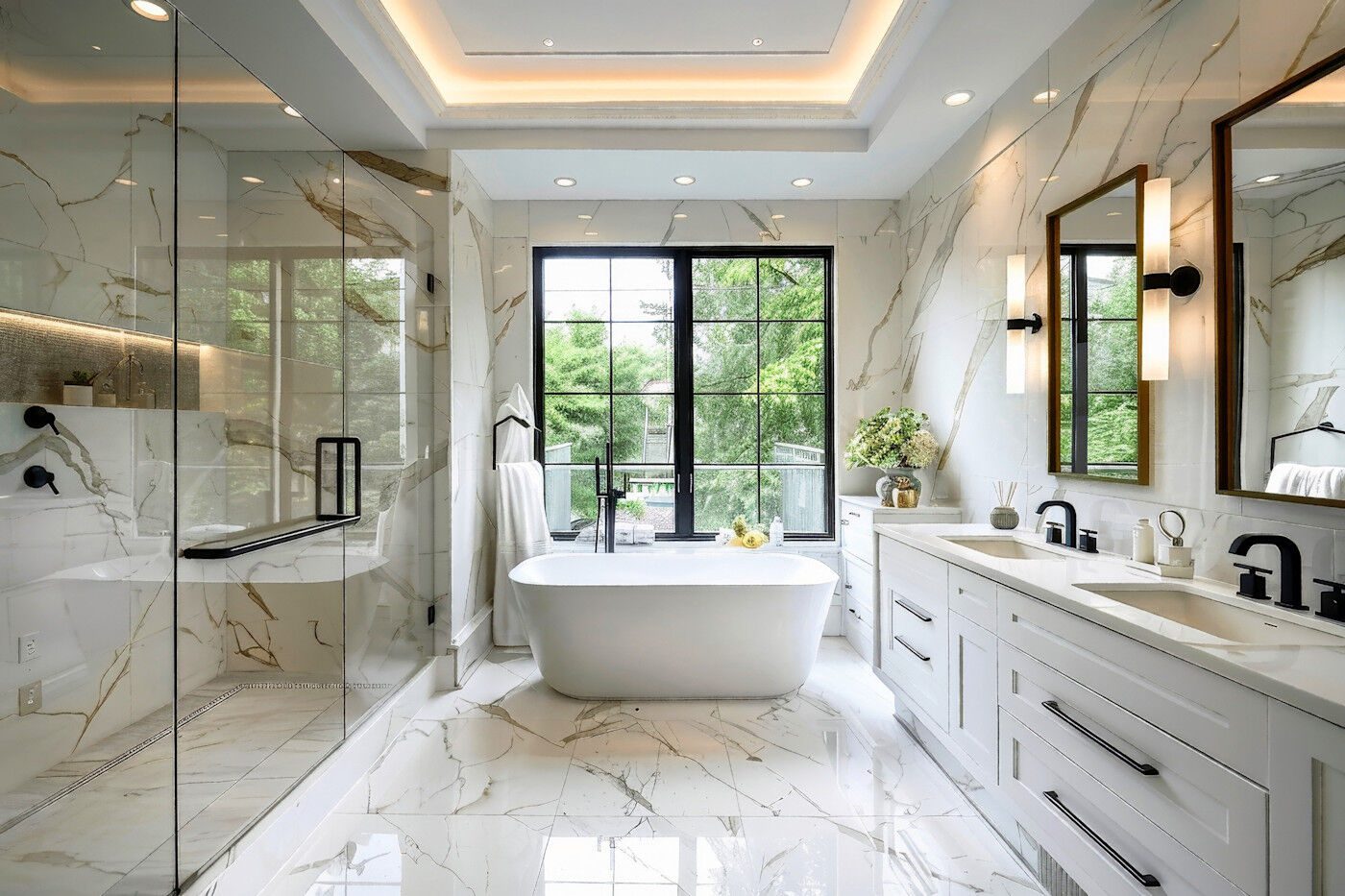 Completed washroom renovation with tiled shower and vanity, Brampton